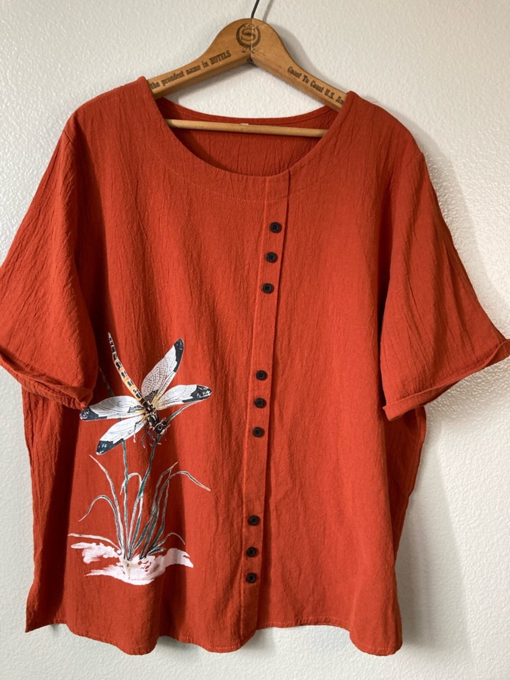 Dragonfly Print Button details Crinkle Gauze Top Lagenlook Vacation sz 2XL